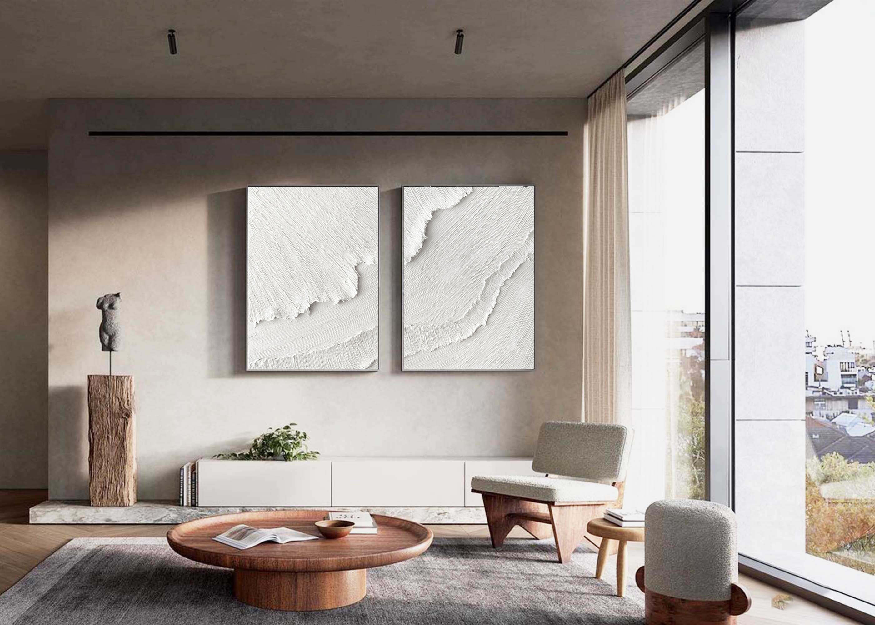 vipgallery White Plaster 3D Textured Minimalist Abstract Art on Canvas | Handcrafted Monochrome Wall Decor SET OF 2 #CXA 015
