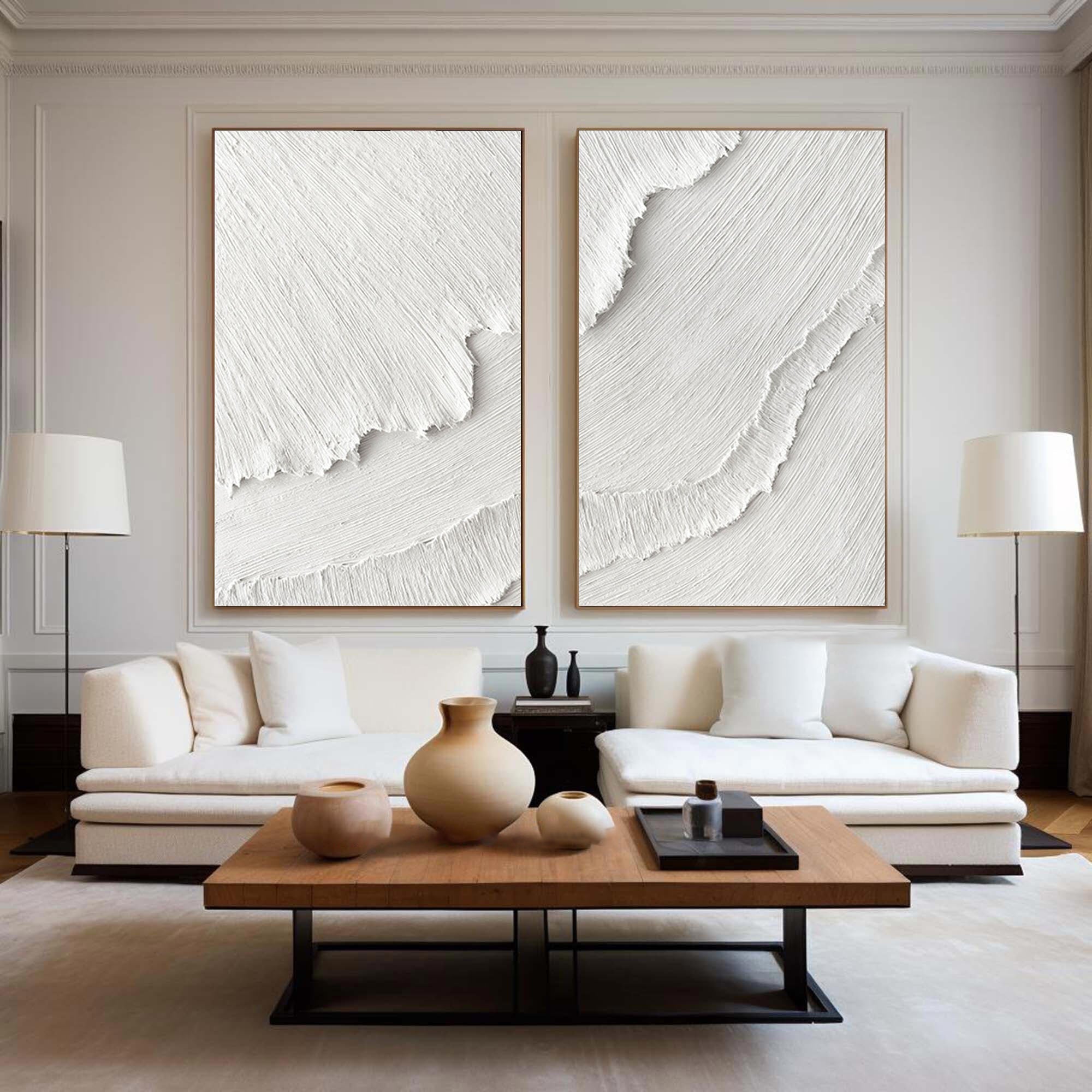 vipgallery White Plaster 3D Textured Minimalist Abstract Art on Canvas | Handcrafted Monochrome Wall Decor SET OF 2 #CXA 015