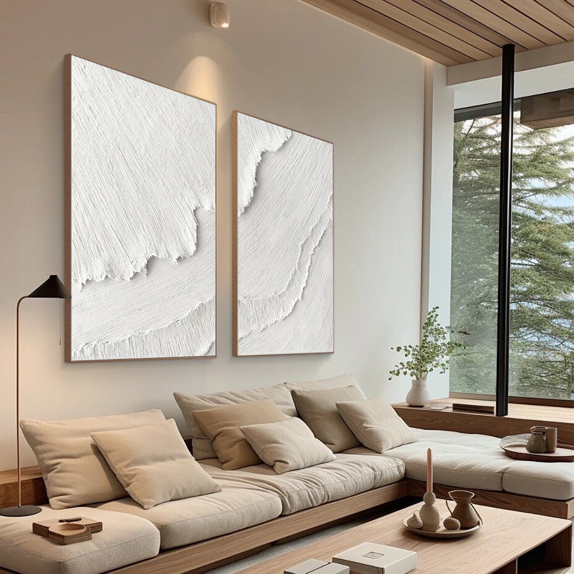 vipgallery White Plaster 3D Textured Minimalist Abstract Art on Canvas | Handcrafted Monochrome Wall Decor SET OF 2 #CXA 015
