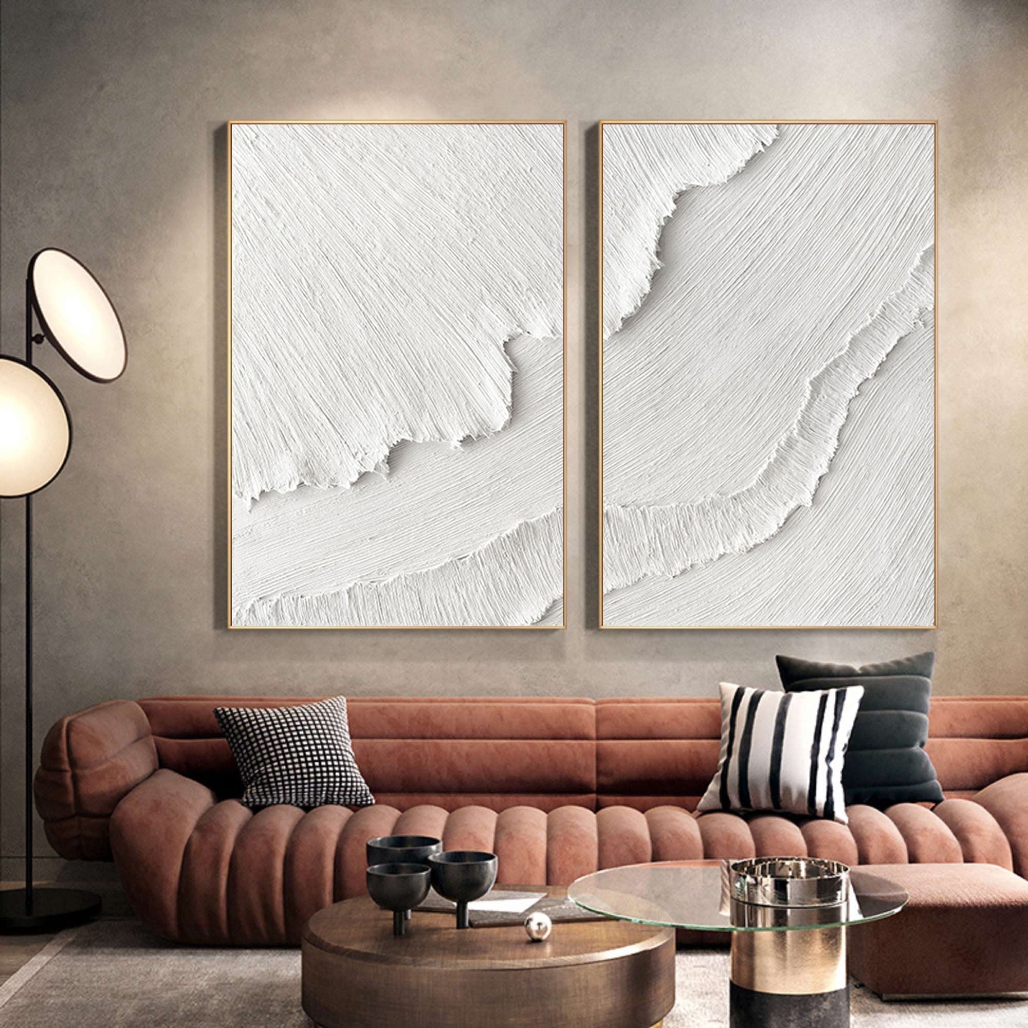 vipgallery White Plaster 3D Textured Minimalist Abstract Art on Canvas | Handcrafted Monochrome Wall Decor SET OF 2 #CXA 015