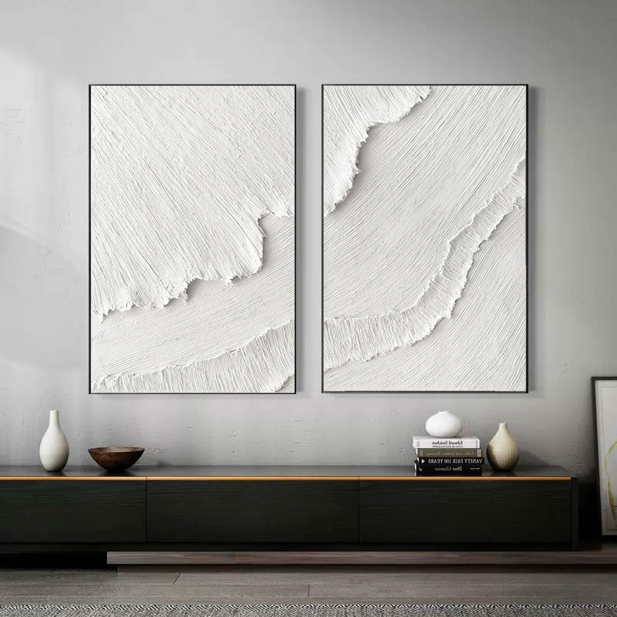 vipgallery White Plaster 3D Textured Minimalist Abstract Art on Canvas | Handcrafted Monochrome Wall Decor SET OF 2 #CXA 015