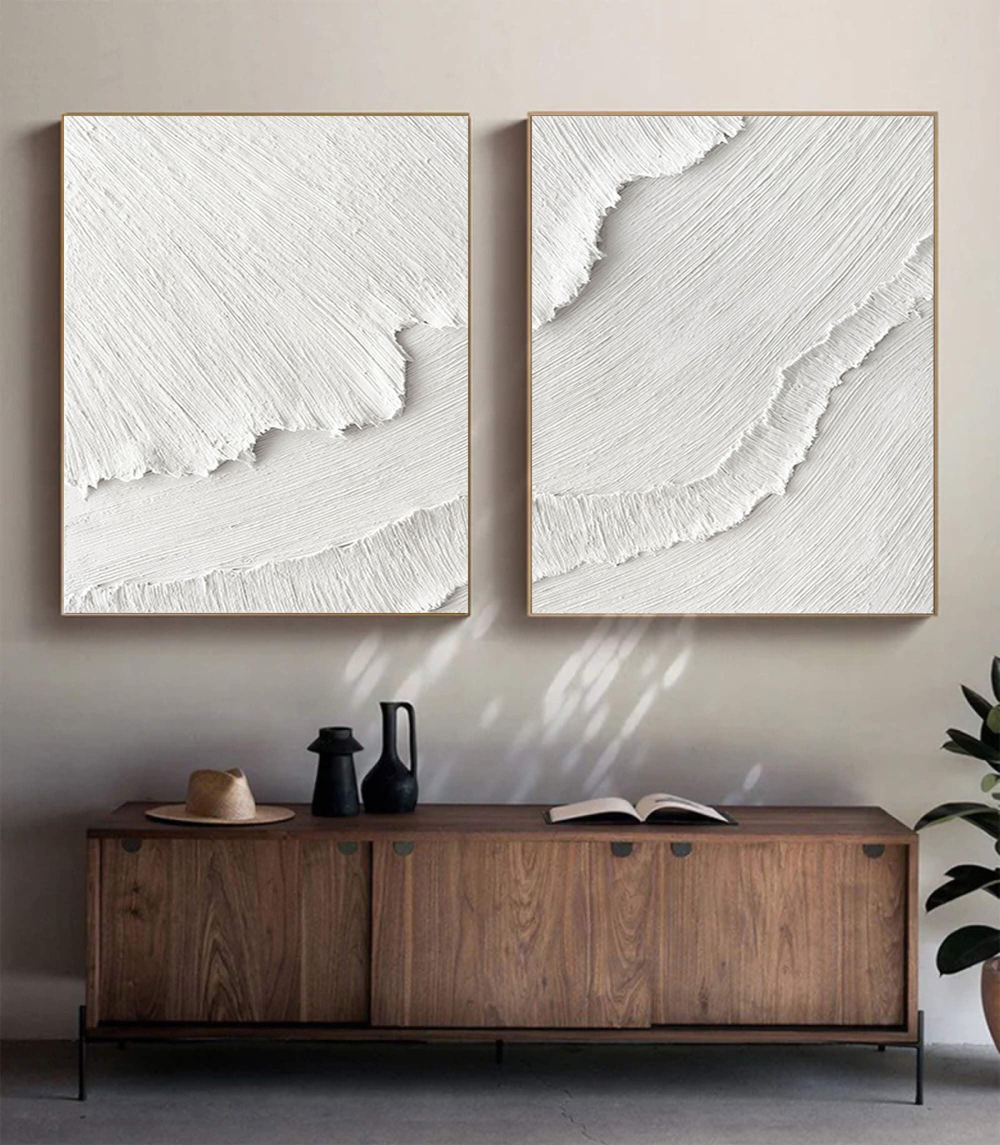 vipgallery White Plaster 3D Textured Minimalist Abstract Art on Canvas | Handcrafted Monochrome Wall Decor SET OF 2 #CXA 015