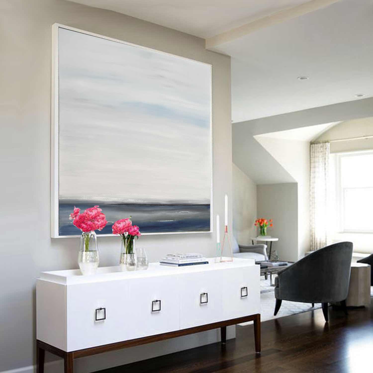 vipgallery Minimalist Seascape Painting Blue Gray Square Large Art "Time Away"