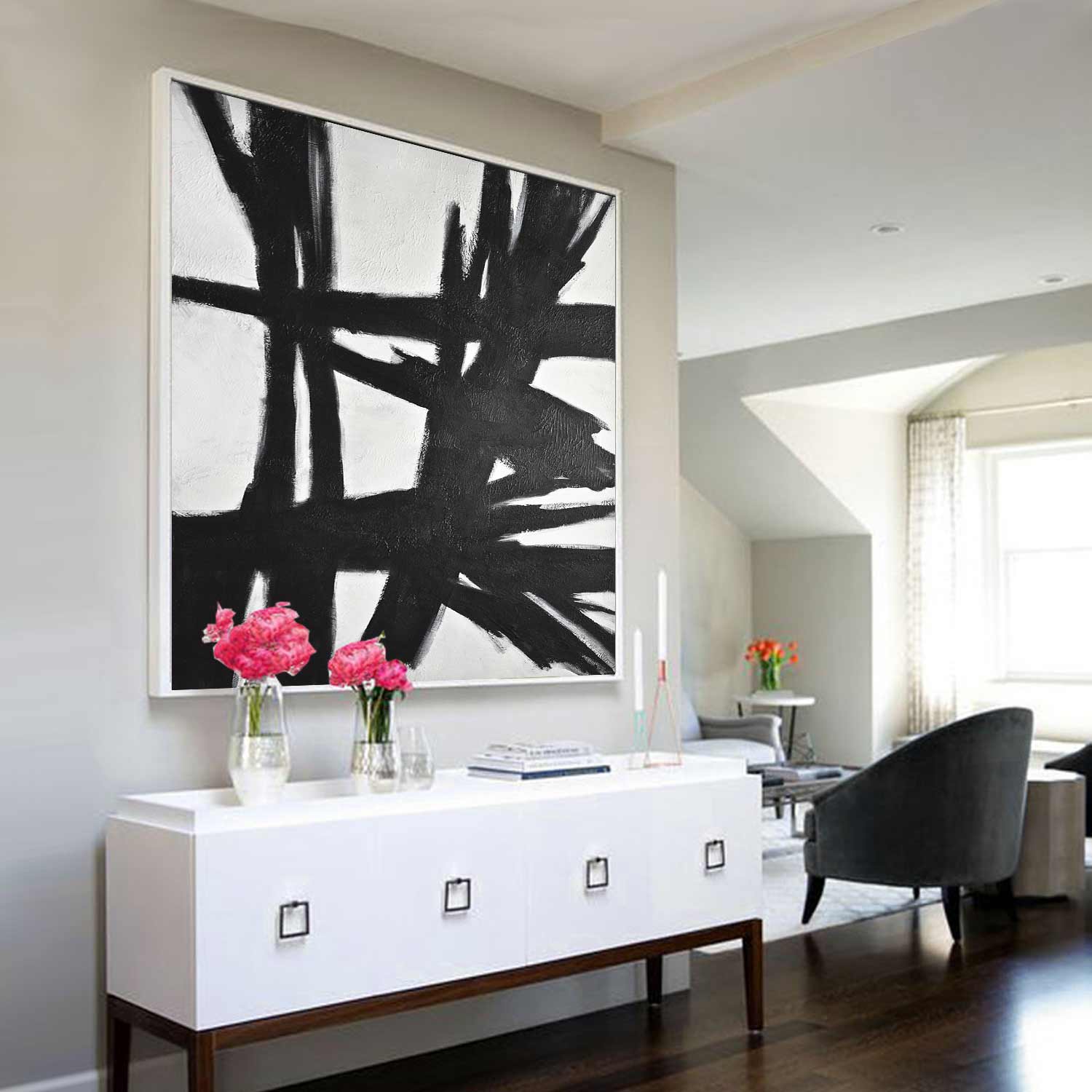 vipgallery Franz Kline Style 50's Retro Painting Black White On Canvas "Reaching Out"