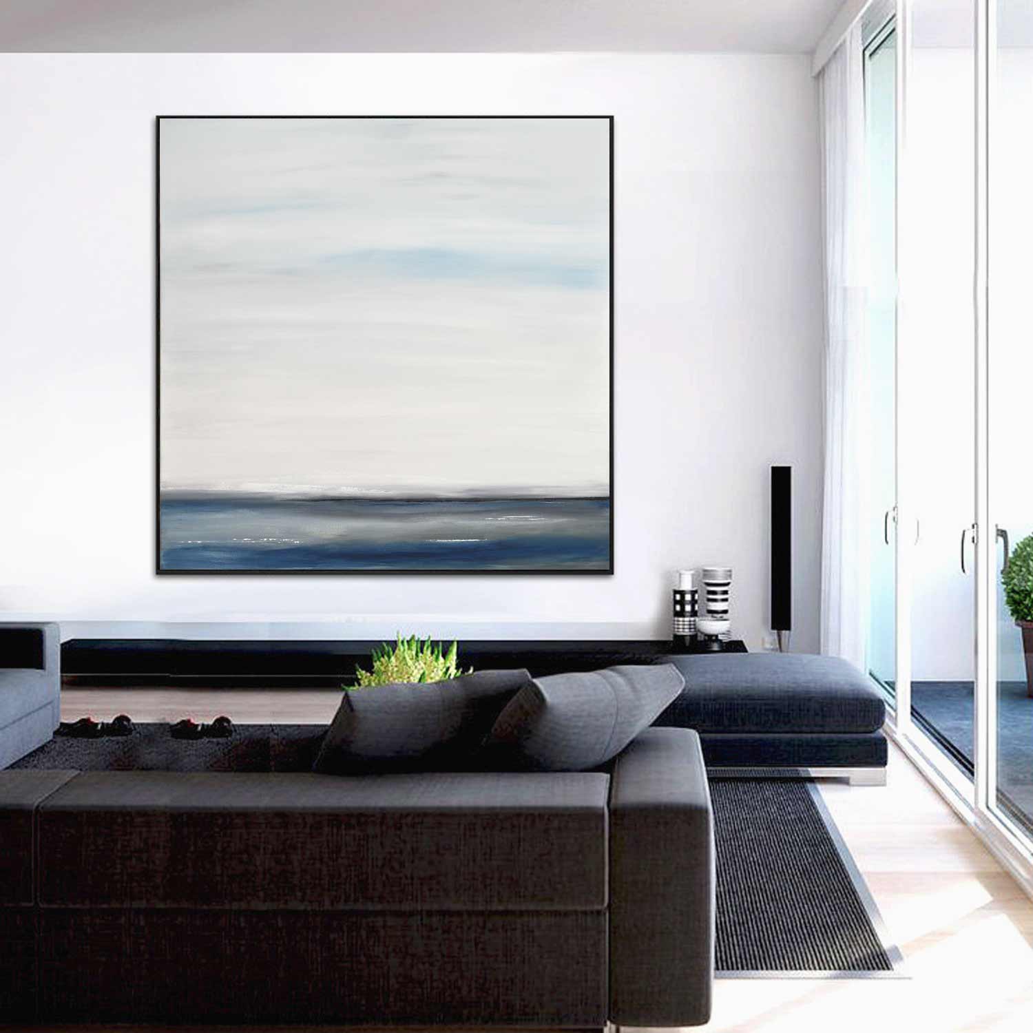 vipgallery Minimalist Seascape Painting Blue Gray Square Large Art "Time Away"