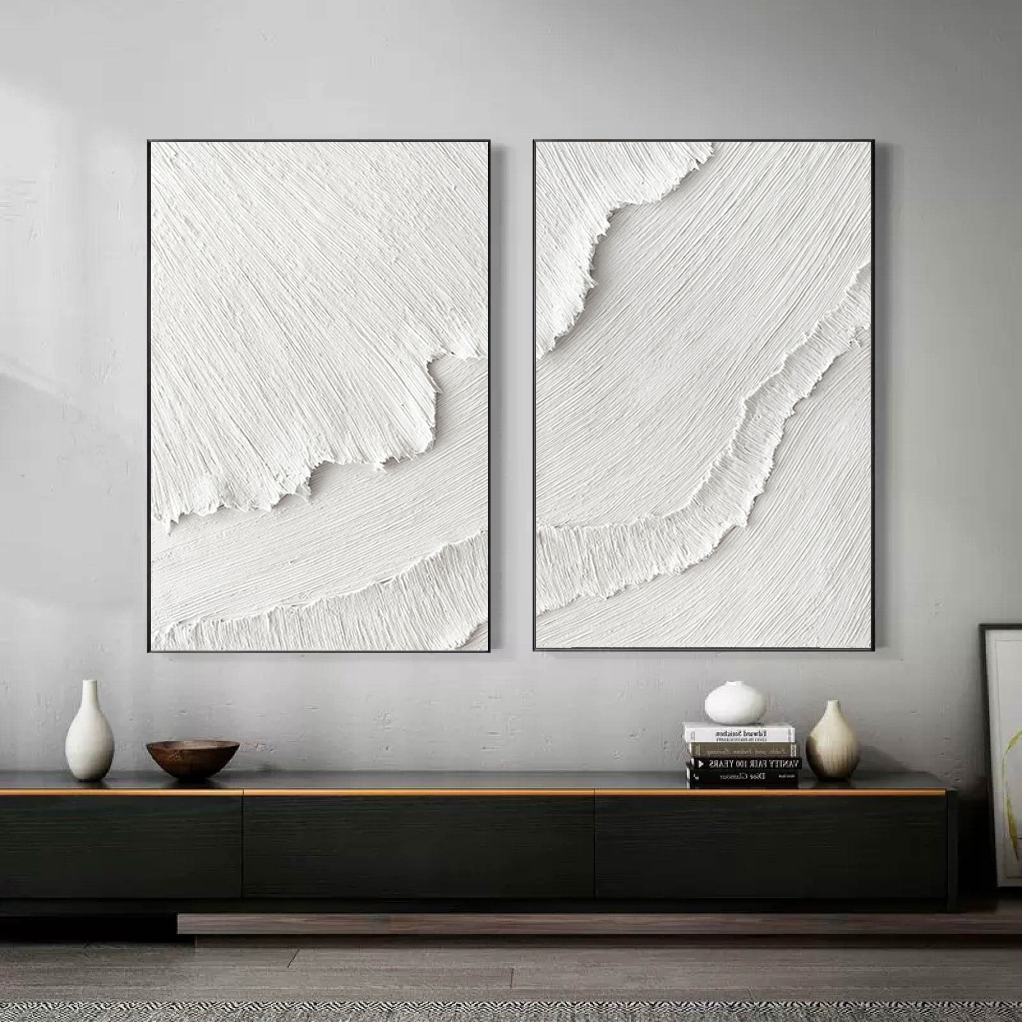 White Plaster 3D Textured Minimalist Abstract Art on Canvas | Handcrafted Monochrome Wall Decor  SET OF 2 #CXA 015