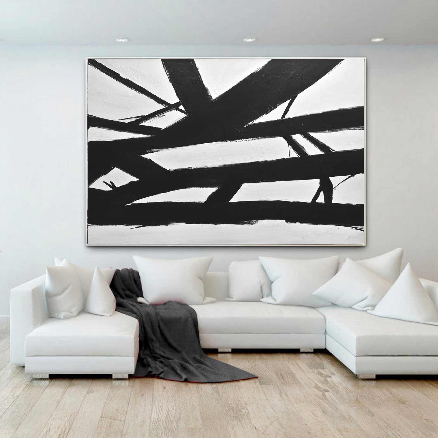 Geometric Black White Abstract Kline Painting "Crossing the Line"