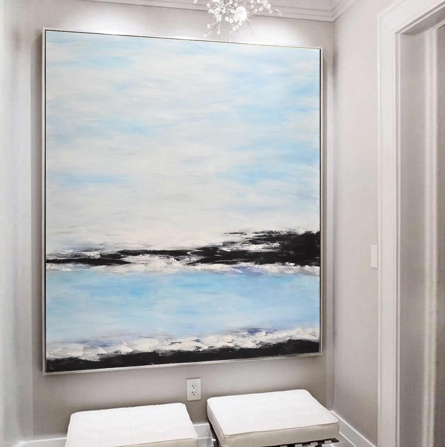 Blue White Ocean Beach Impressionist Large Painting "Timeless Waters"