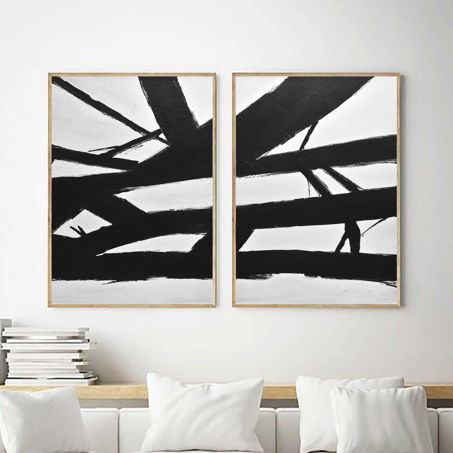 Set of 2 Black White Abstract "Crossing the Lines"