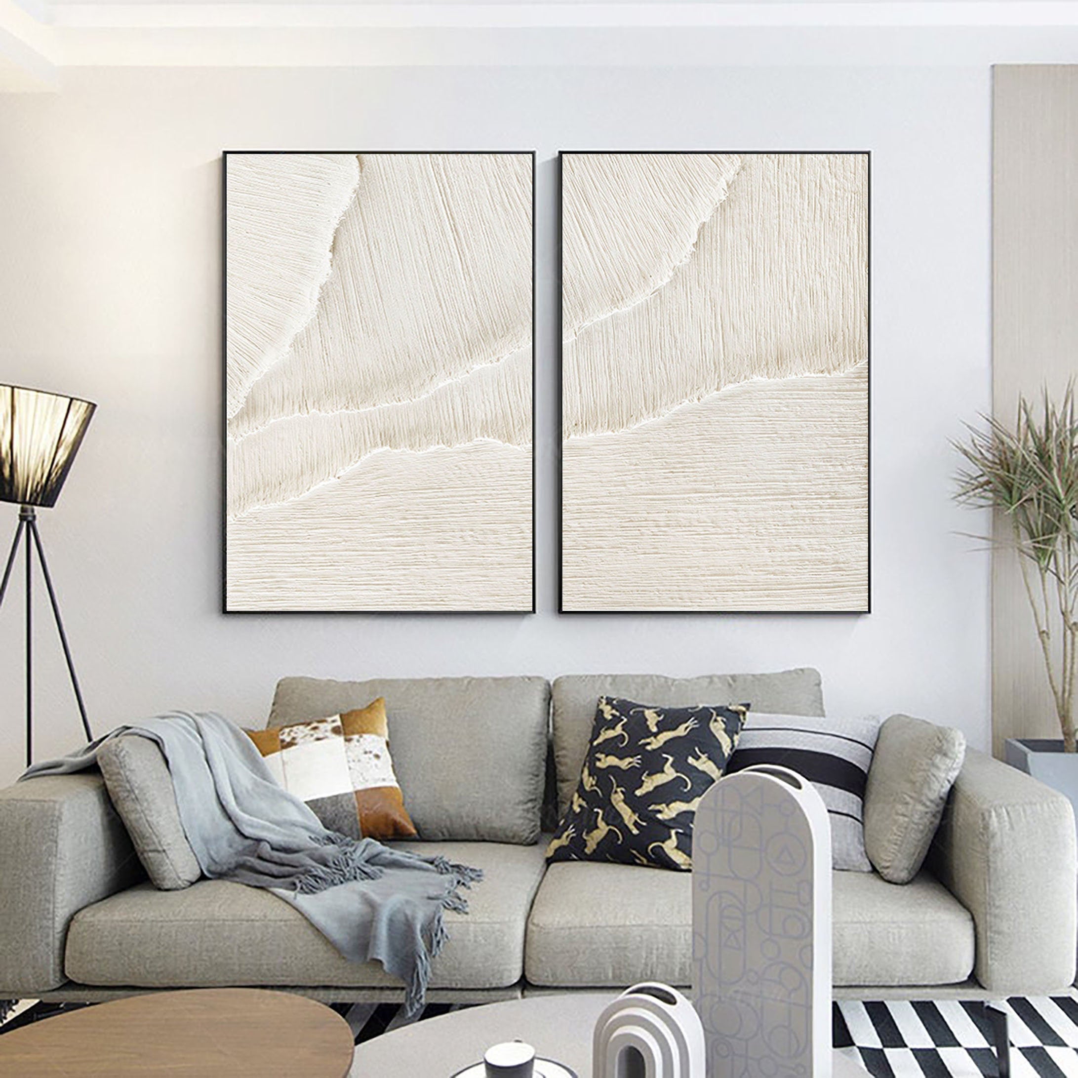 White Beige Minimalist Abstract Painting SET OF 2 #AVG 027