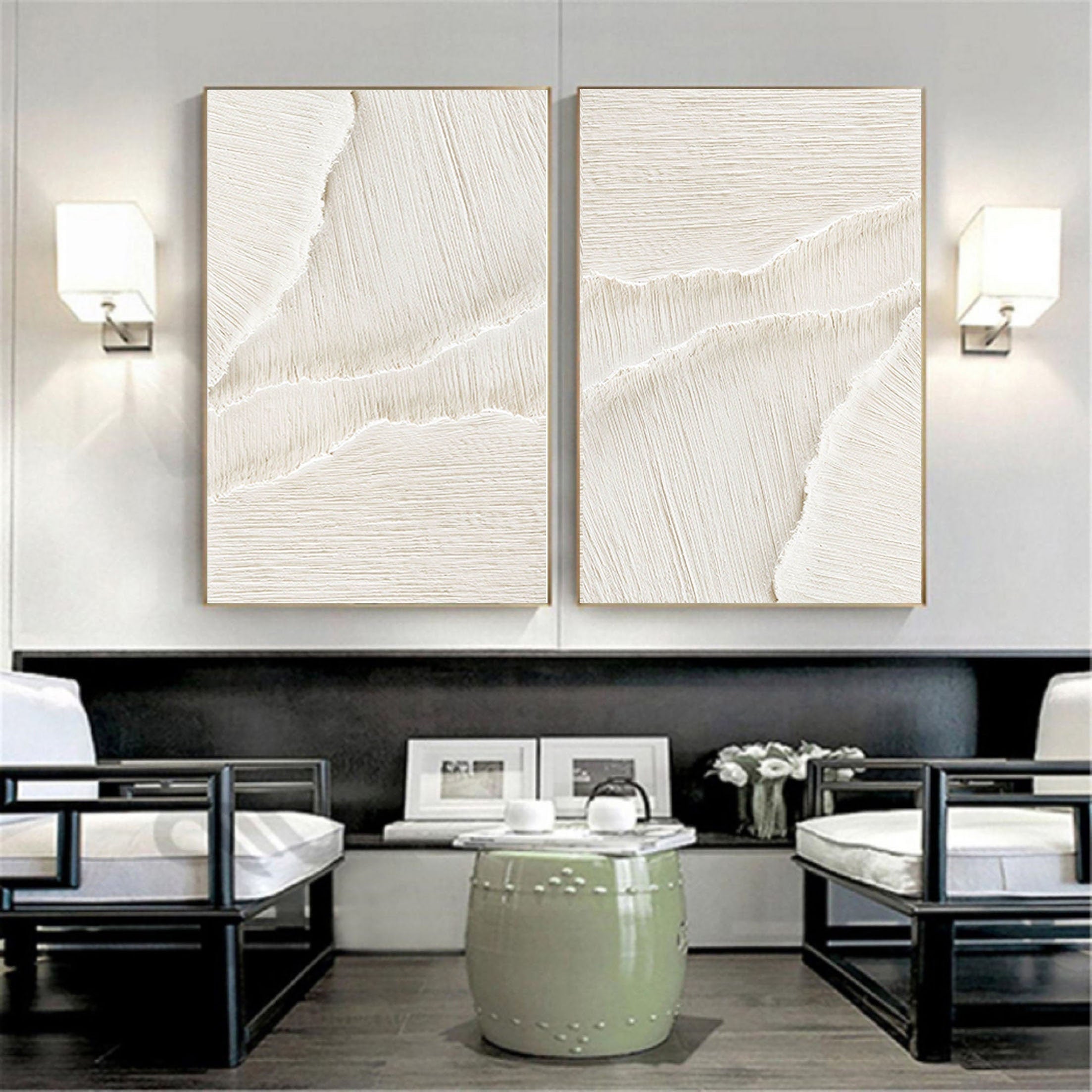 White Beige Minimalist Abstract Painting SET OF 2 #AVG 028