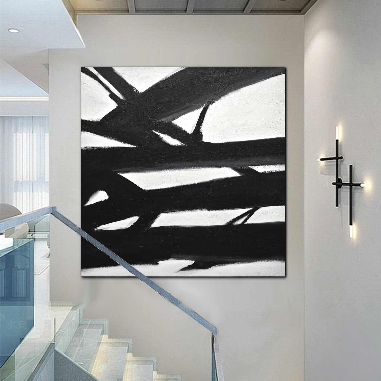 Monochrome Abstract Black White Kline Painting "Definite Direction"