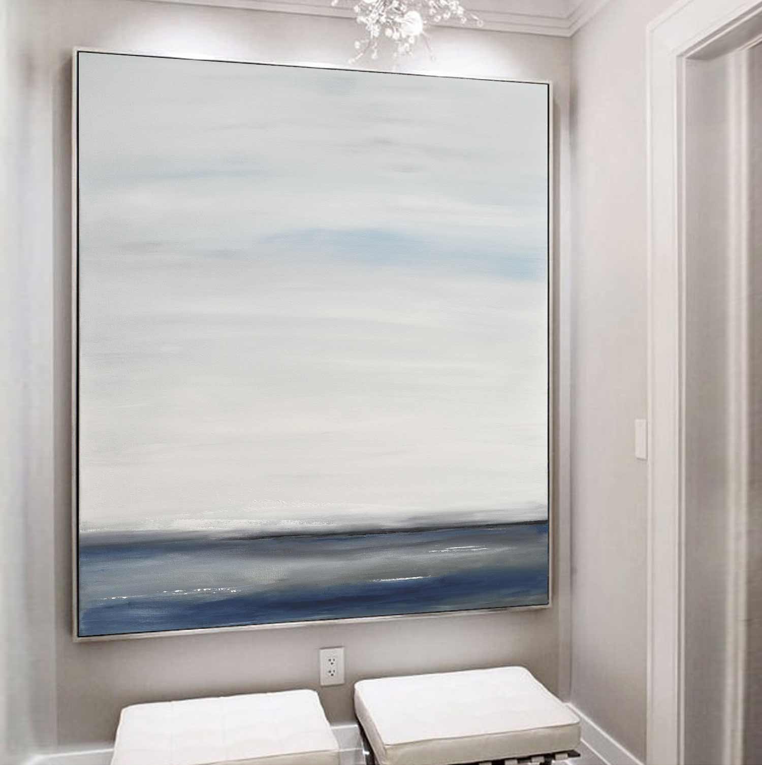 Minimalist Seascape Painting Blue Gray Square Large Art "Time Away"