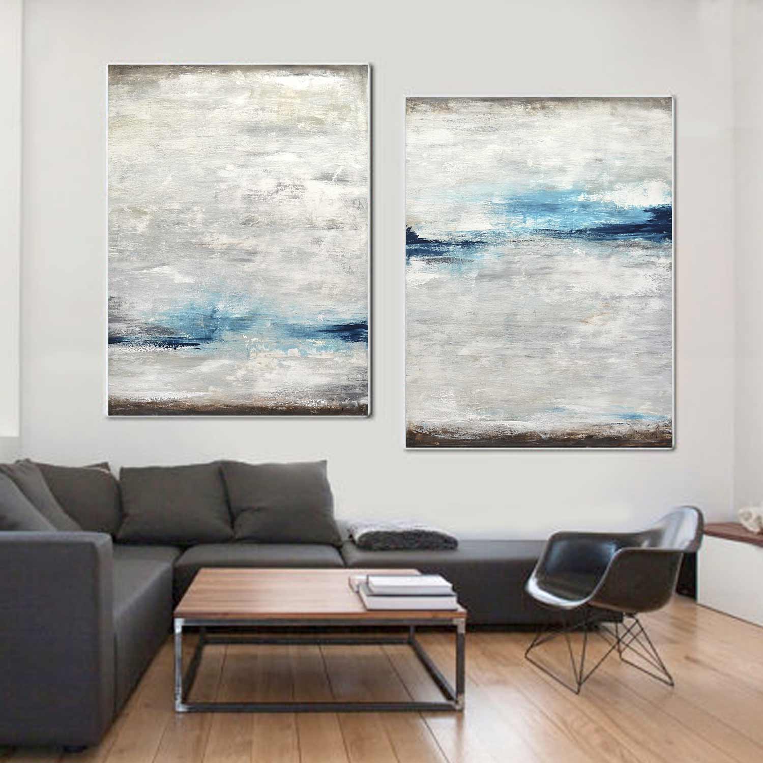 Diptych Paintings Handmade Blue White "Above & Below"