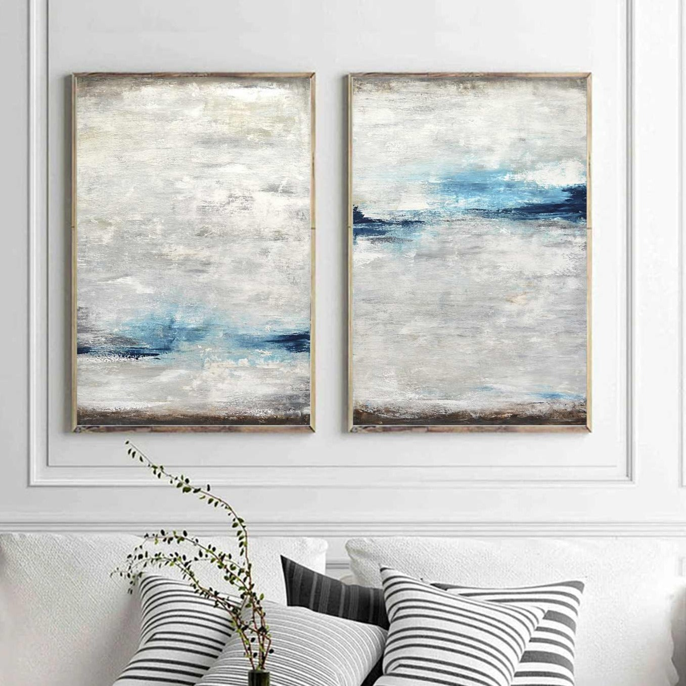 Diptych Paintings Handmade Blue White "Above & Below"